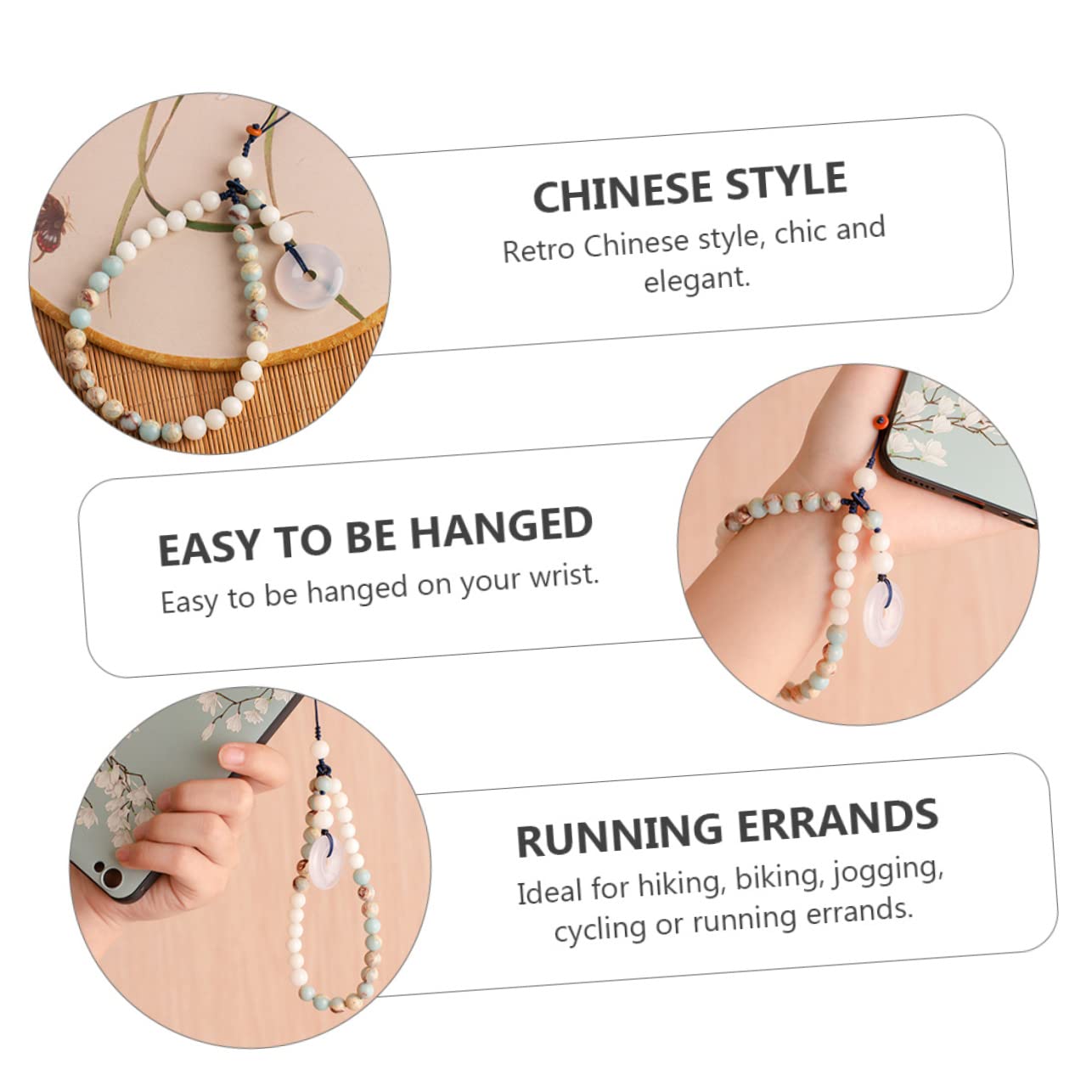 Gatuida 3piezas Cadena Colgante De Jade y Shoushan Para Teléfono Correa Anticaídas Desmontable Estilo Chino Para Uso Diario