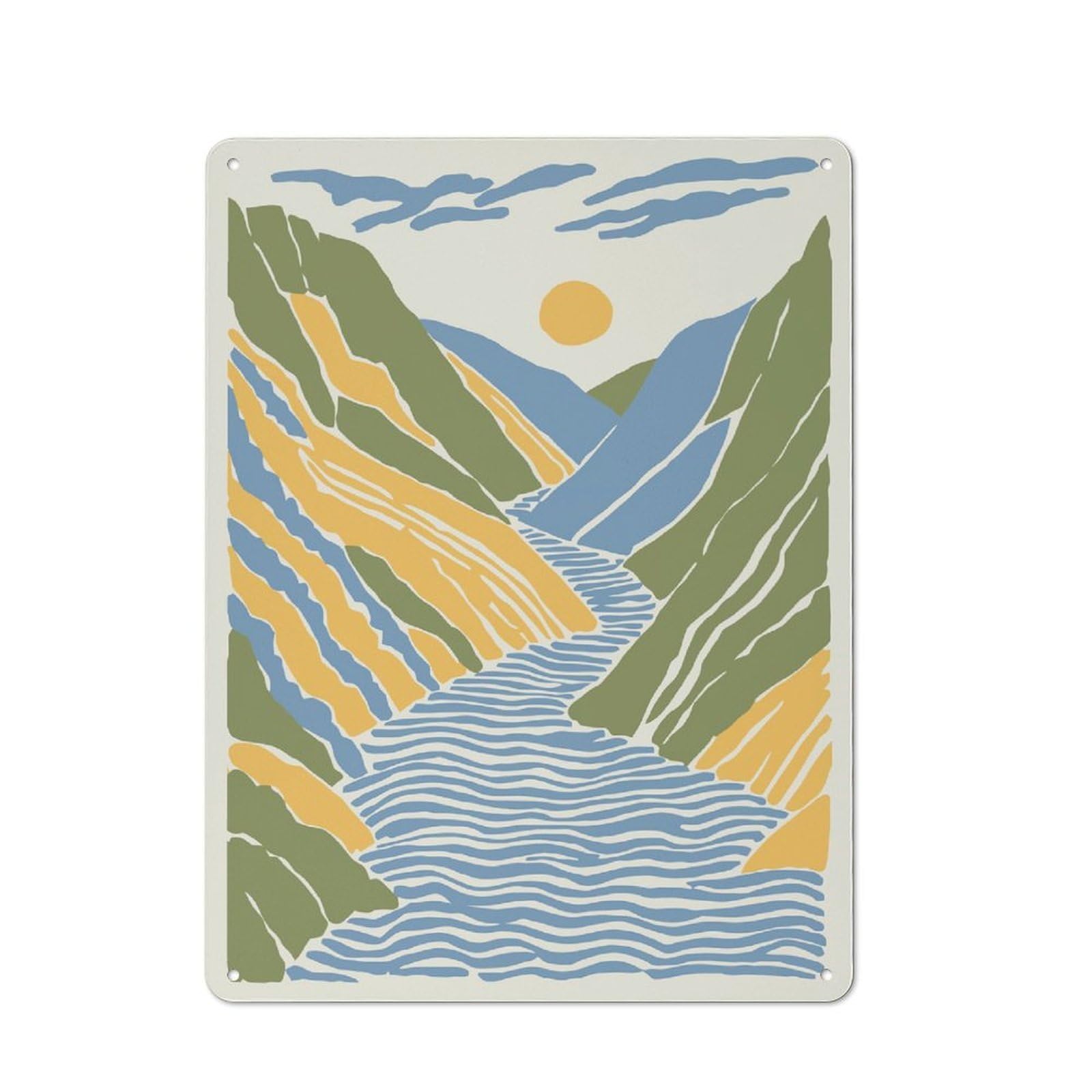Junmoney Style-17 Casual Abstract Mountain River Landscape Illustration Garden Room Metal Sign 40X30cm, Porch Wall Decor For Conservatory, Home Bar Or Utility Room