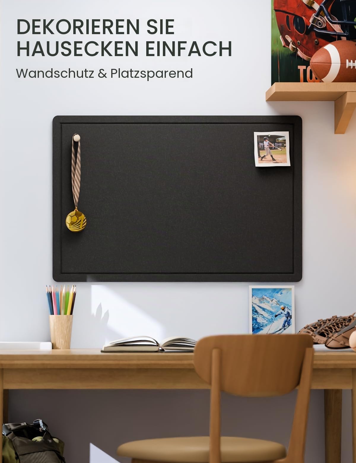 Fluxynara Filz Pinnwand 90 x 60 cm, Korktafel-Alternative mit 12 abnehmbaren Klebepads, faltbares Filz-Memoboard, Visionboard & Fotowand für Büro, Homeoffice, Kinderzimmer & Flur — Schwarz