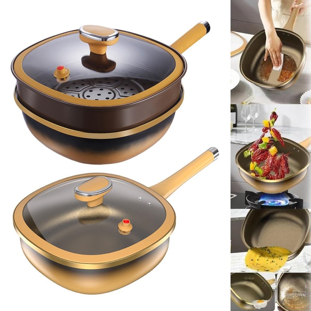Sauteuse 30,5 cm avec couvercle et panier vapeur en métal jaune