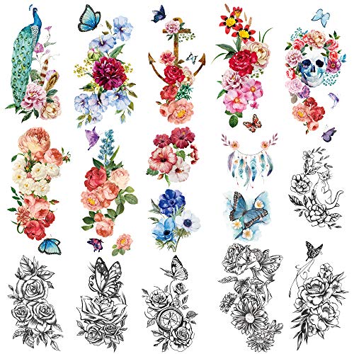 Yazhiji 15 sheets large Sexy waterproof Temporary Tattoos for Men Women Flowers Collection (19X9 CM)