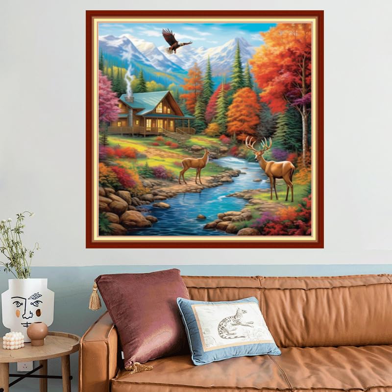 Image of Joyhoor Stamped Cross Stitch Kits for Beginners, Needlepoint Kits for Adults, 11CT Counted Embroidery Kits-Late Autumn Elk 18x18 inchs