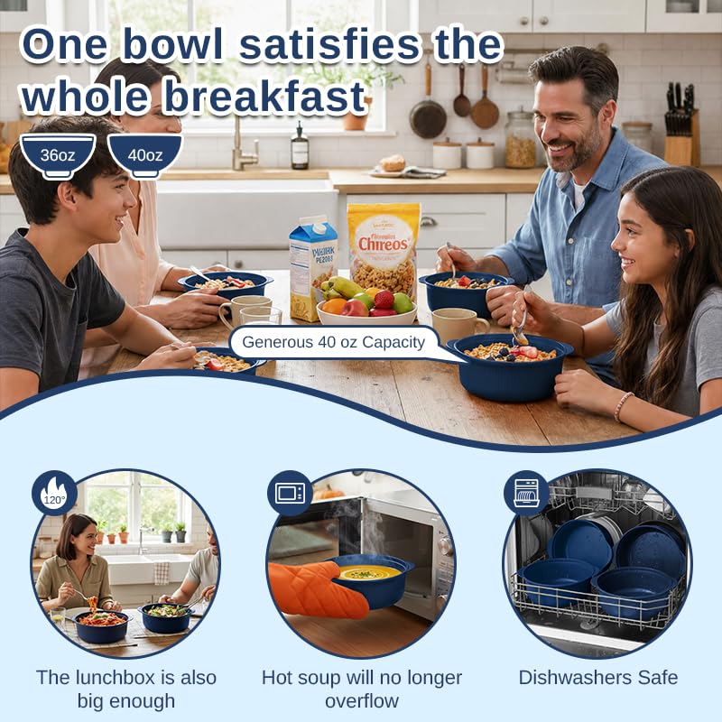 Image of Navy-blue 40oz Cereal Bowls with lid set of 4,Microwave Safe,Family&Camping