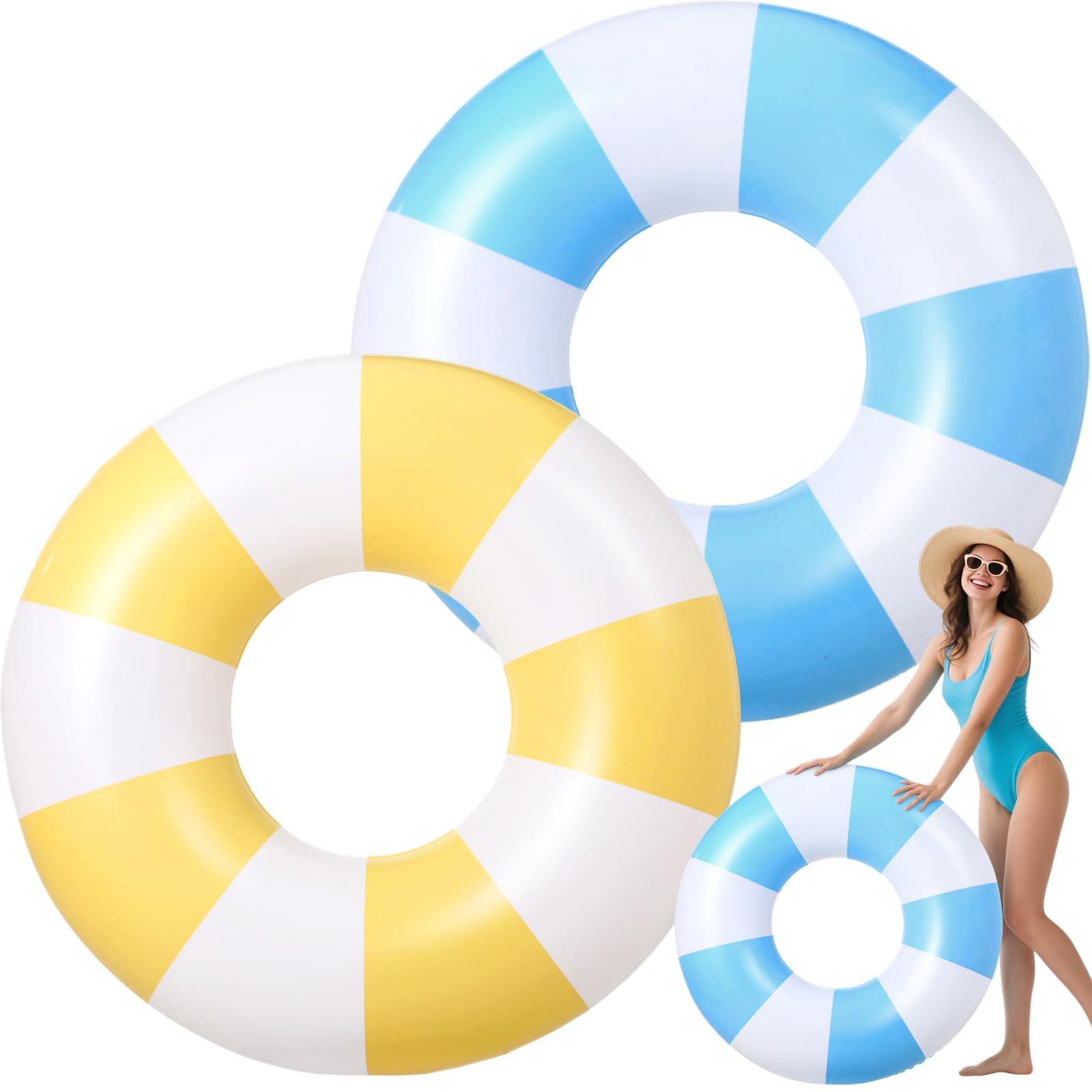 ShinyRelief 2 Pcs Pool Tubes for Adults 42 inch Large Pool Floats Tube Adult Giant Vintage Stripe Inflatable Floats Rings Colorful Swimming Ring Summer Hawaii Swimming Lounger Float (Yellow, Blue)