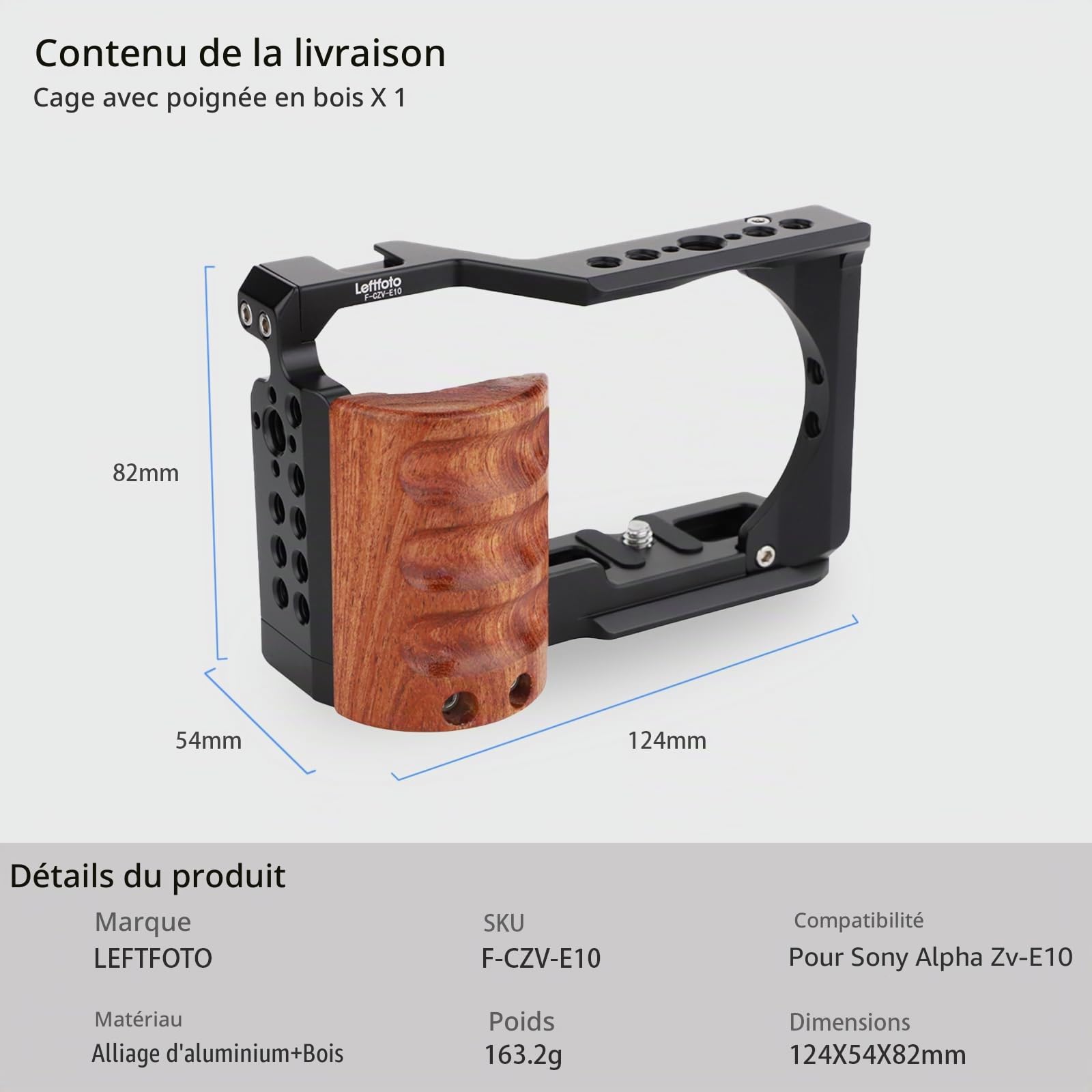 Leftfoto Cage en métal avec poignée en bois pour Sony Alpha ZV-E10 Accessoires de prise de vue vidéo, micro griffe/extension de lumière, cage vidéo pour filmer Vlog Camera Kit