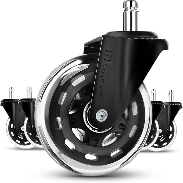 Mastery Mart Rollerblade Style Caster Wheels Replacement for Office Chair, Swivel Chair, Ultra Heavy Duty, Floor Protecting, 11 x 22 mm Universal Stem Size, Quiet Smooth on Floors (Matte Black)