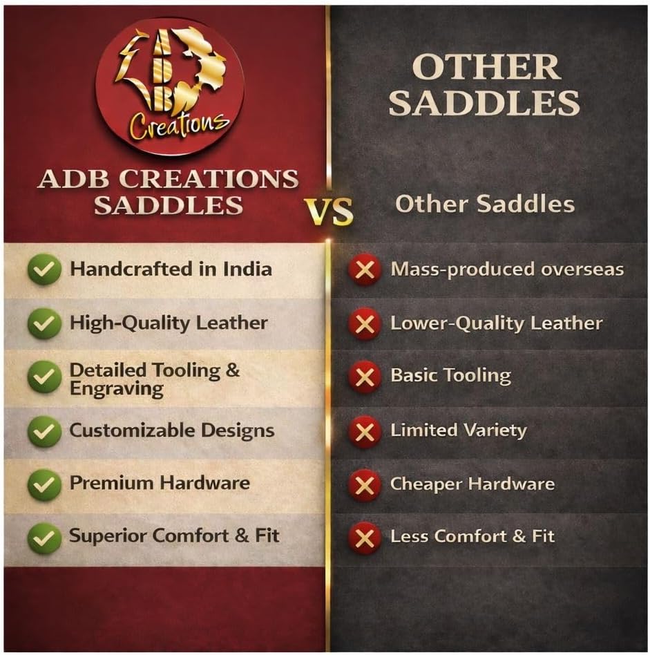 ADB CREATIONS Western Leather Horse Saddle 10"-18" Seat, Hand Tooled Floral Carved Design, Pleasure Trail & Barrel Racing Tack Set, Padded Suede Seat, Adjustable Stirrups, Heavy Duty Tree