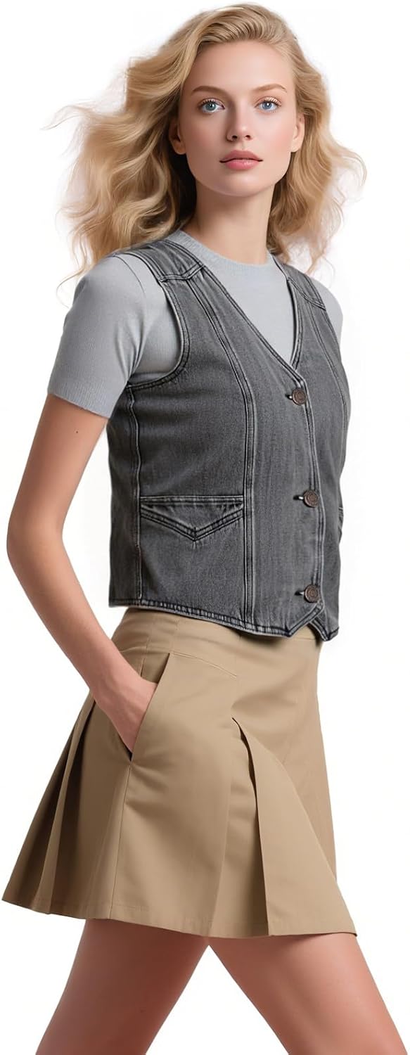 Women's Denim Sleeveless Casual Vest for women, Jean Vest Top, Light Wash, V Neck, Button Front with Dual Pockets - Image 3