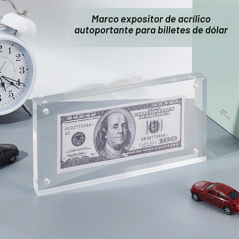 AHANDMAKER Marco de billetes de dólar acrílico autónomo para exhibición de monedas, marco de fotos de licencia comercial de doble cara, 7.9 x 3.9 pulgadas