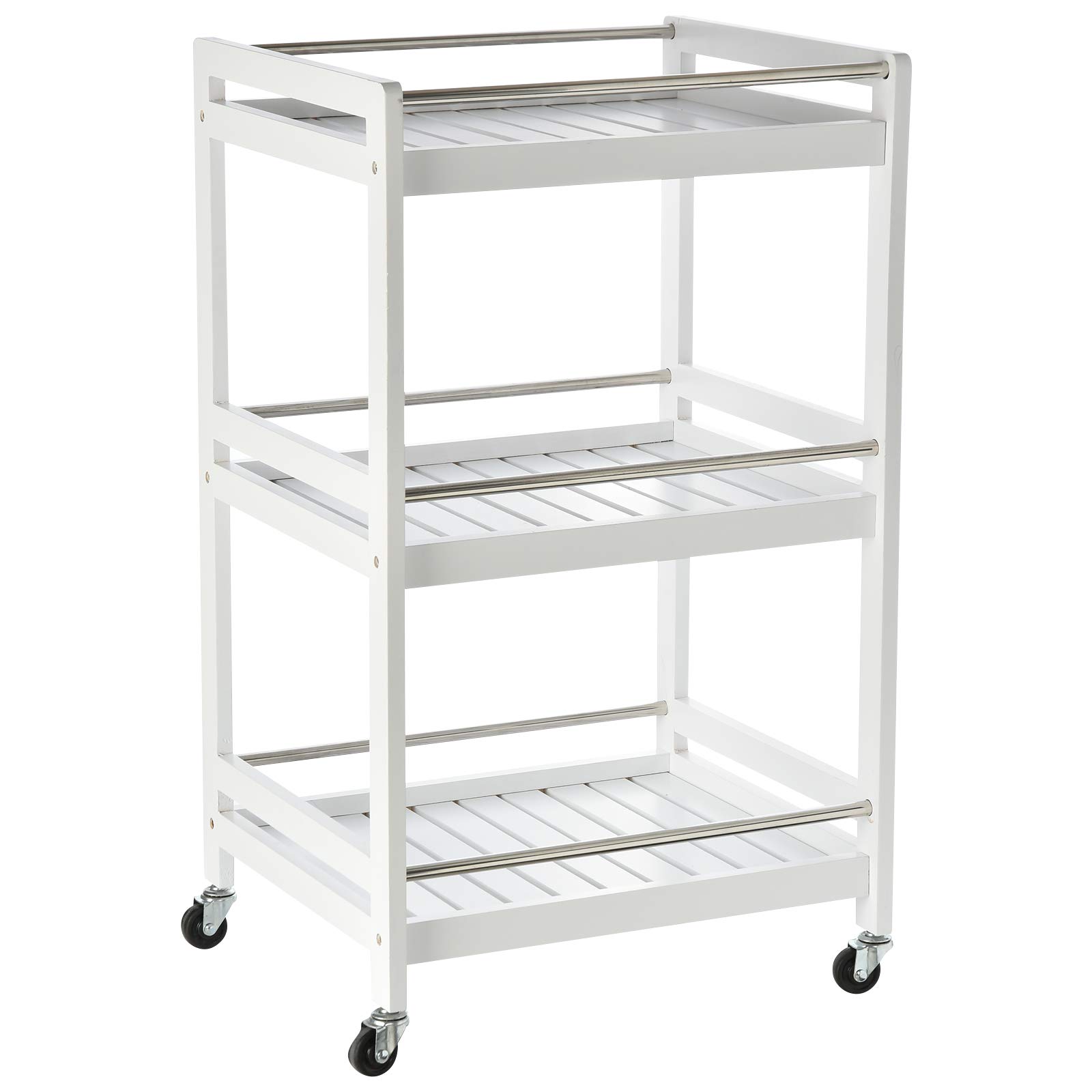 HOMCOM Carrello da Cucina Salvaspazio in Legno e Acciaio Inox, con 3 Ripiani e 4 Ruote 360°, Bianco, 45 x 38 x 78cm