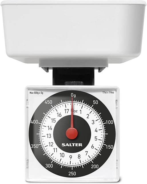 Salter 022 WHDR Dietary Mechanical Kitchen Scale, Compact for Travel/In Bag, 500 g Capacity, Measures in 5 g Increments, Precise Portion Control, No Batteries, White, 15 Year Guarantee