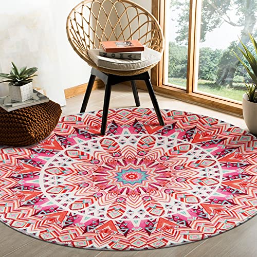 LEEVAN Tapis rond moderne de 1,2 m en flanelle microfibre antidérapant et lavable pour le yoga, le salon, la chambre à coucher - Mandala rose Cover