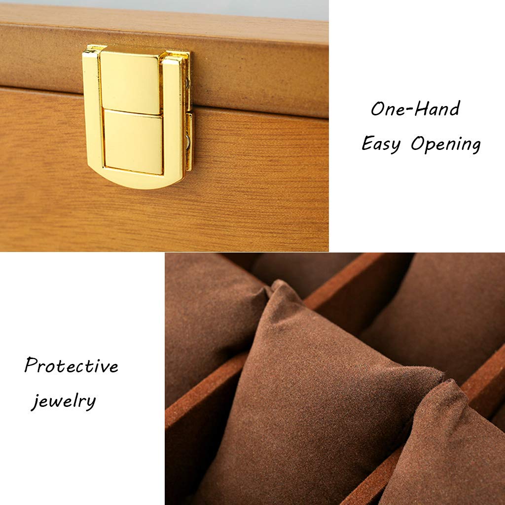 MUSUMI Caja de reloj Caja de almacenamiento de exhibición Caja de colección de joyas Soporte organizador con 12 almohadas de reloj extraíbles Hebilla de Metal con cerradura (Color de Madera)