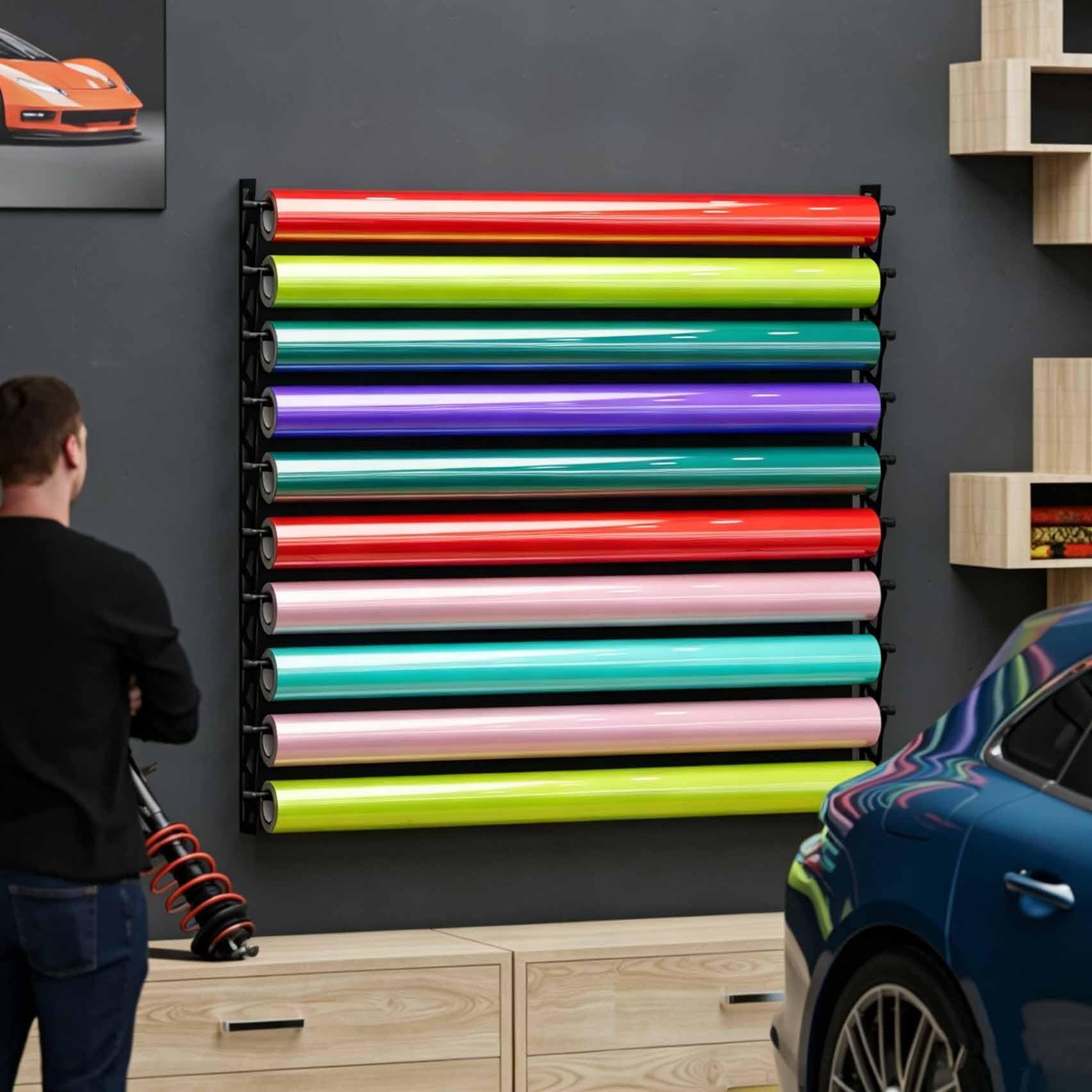 Soporte para rollos de vinilo, estante metálico de pared, color negro | Organizador resistente para láminas cambio color de automóviles, acero laminado en frío, para talleres garajes(10-tier)