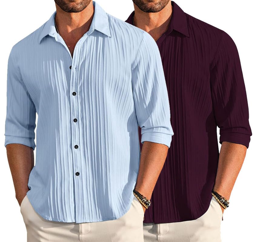 Image of DEELMO Combo of Men's Casual Button Down Shirts Long Sleeve Linen Shirt Fashion Textured Summer Shirts Pack of 2