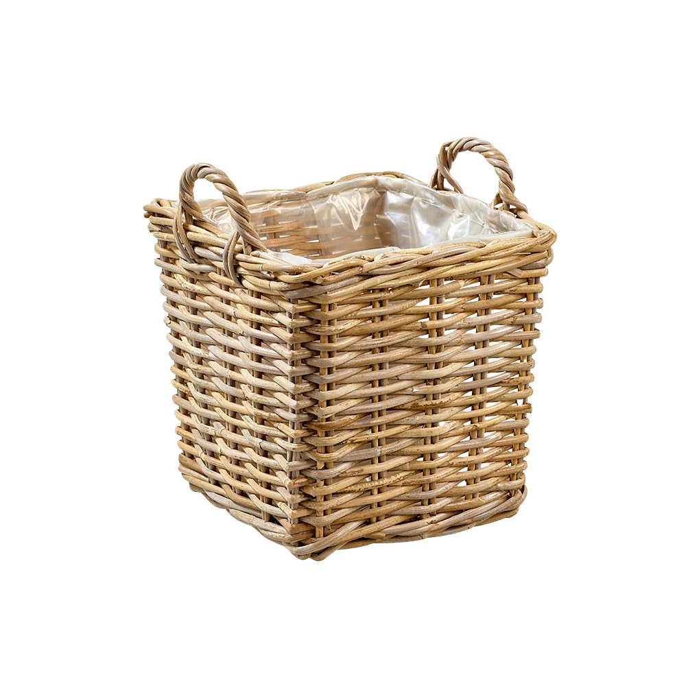 Kubu - Cestino quadrato in vimini con manico, piccolo cesto per piante in vimini, 30 cm, naturale, uso versatile, per interni ed esterni, in vimini