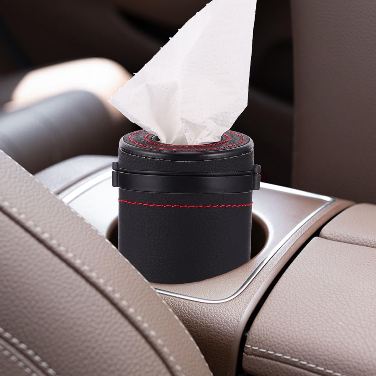 Toyvian Car Round Tissue Box Holder Stylish Black Abs Leather Napkin Dispenser for Car Decoration and Easy Tissue Access the Road