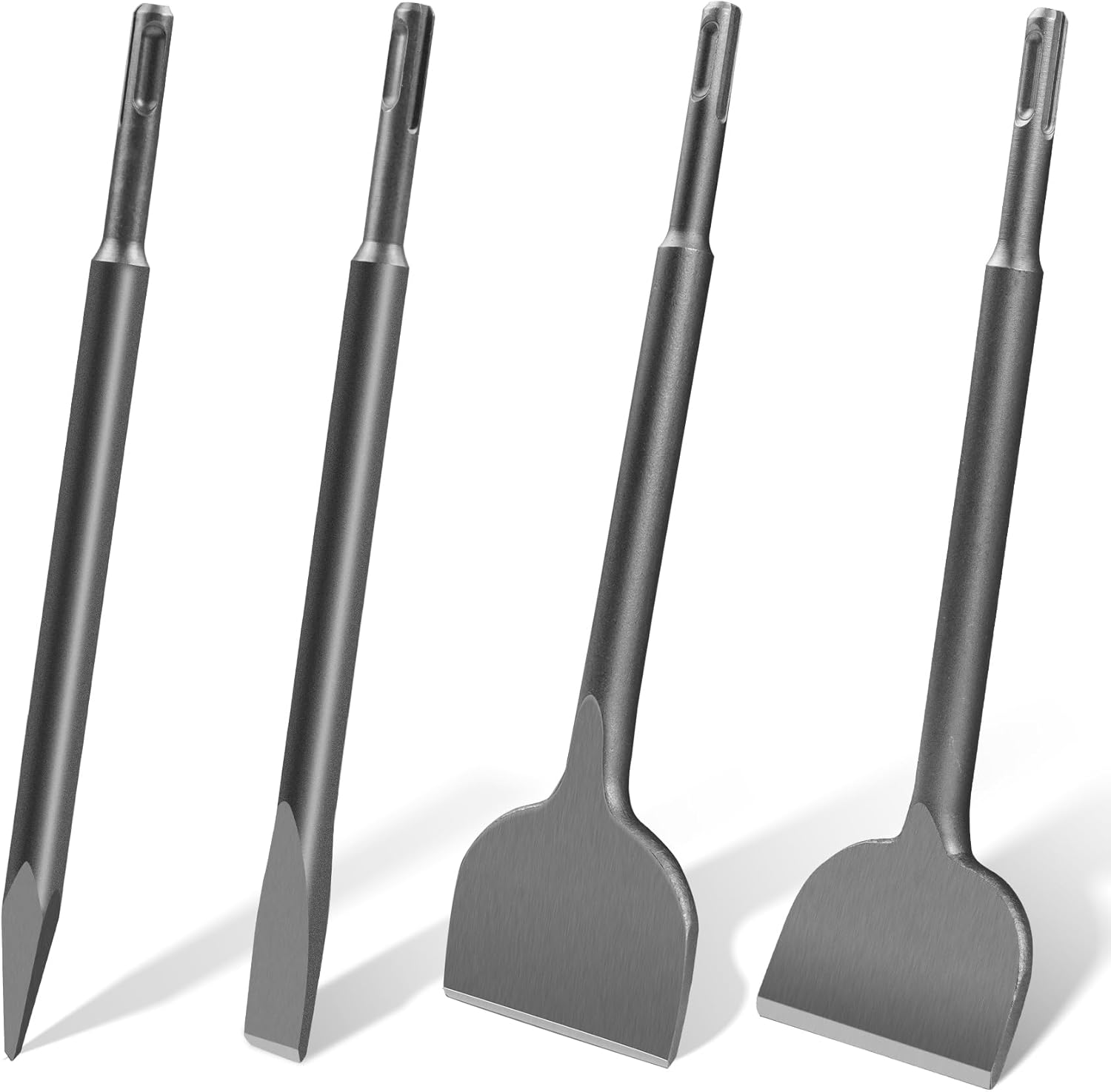 4Pcs SDS Plus Chisels Set, 3” x 10”Flat & 20° Bent Tile Removal Bits， Point & 0.8” x 10”Narrow Flat Chisel in 40Cr Alloy Steel, Fits Most Rotary Hammers & Impact Drills
