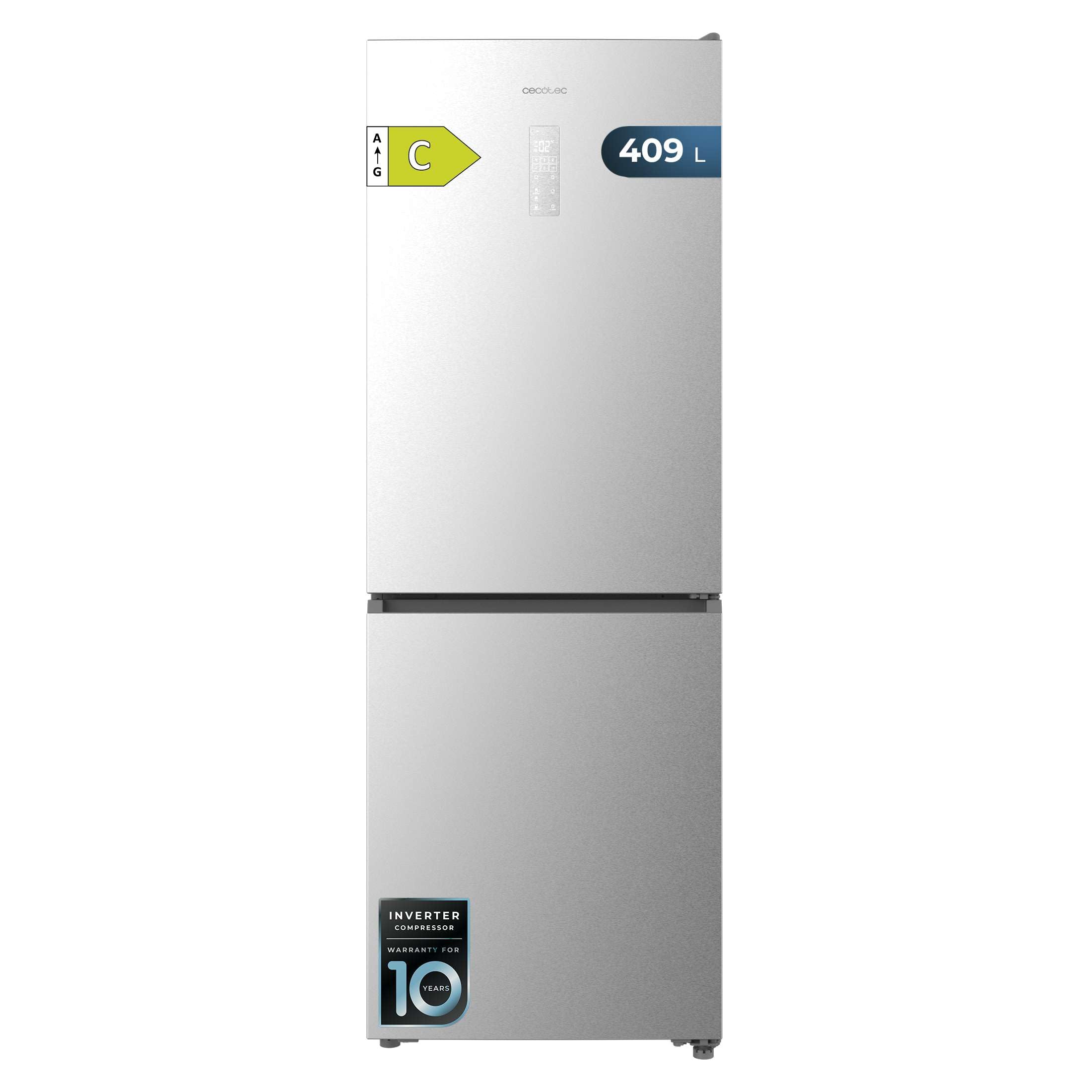Cecotec Frigorífico Combi 409L Total No Frost Bolero CoolMarket Combi 409 Inox C. Altura 185cm, MAX INSIDE con VIP Tech, Compresor Inverter Plus, Bajo Consumo, Cajón Temperatura Variable, Inox
