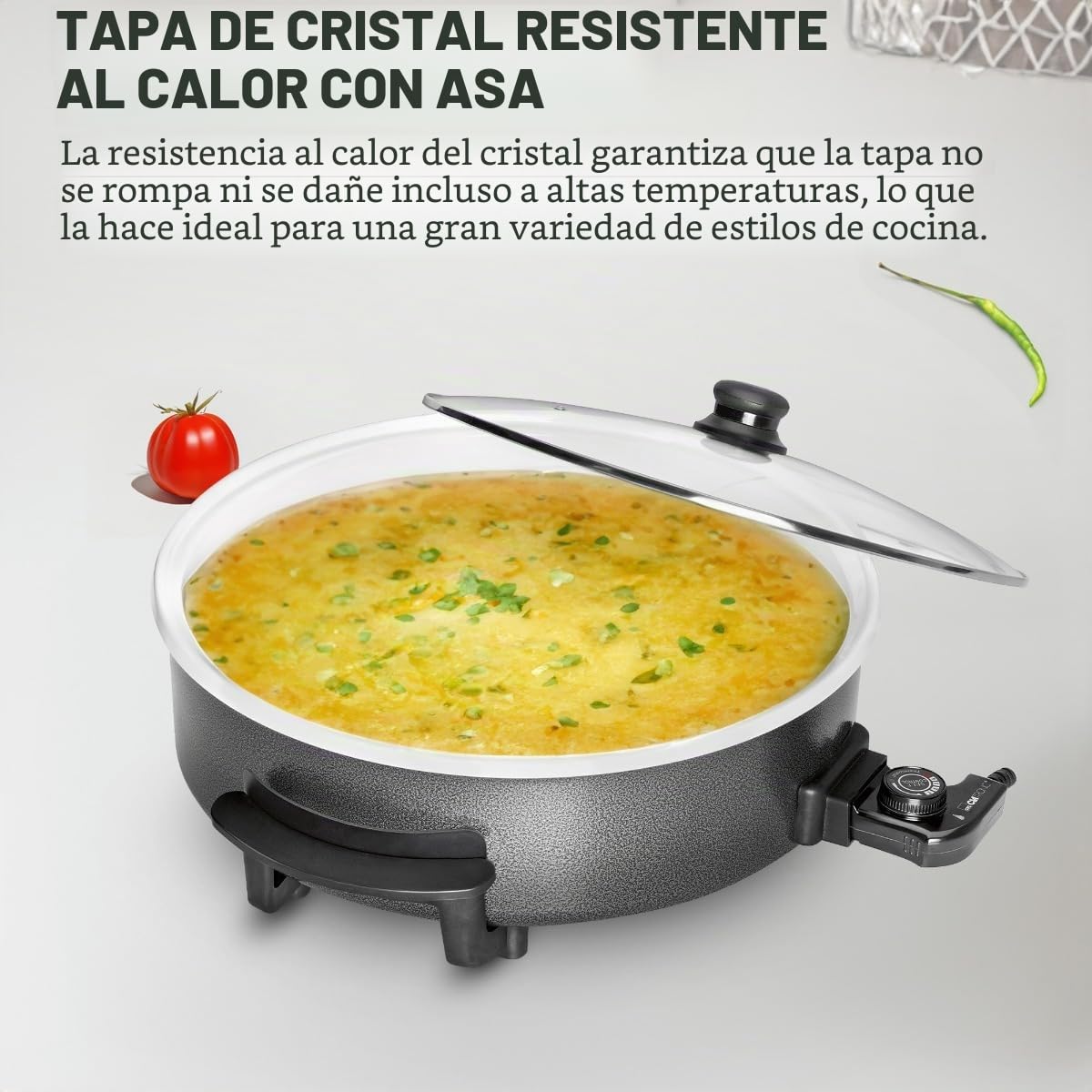 Clatronic PP 3570 C - Sartén eléctrica cerámica con tapa de cristal, diámetro 42 cm, 1500 W, color negro