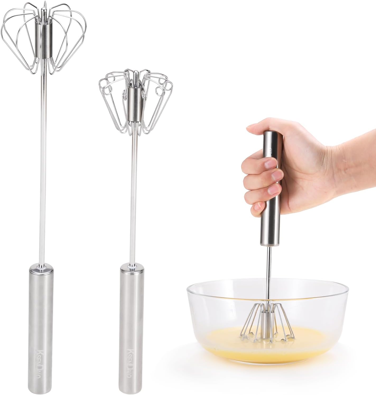 KSENDALO SUS304 Stainless Steel Whisk & Beater Set - Manual & Automatic Handheld Easy Semi-Auto Mixer for Cooking - 12 & 14inch Frother Spinner, Mixer & Stirrer for Eggs, Hand, and Milk