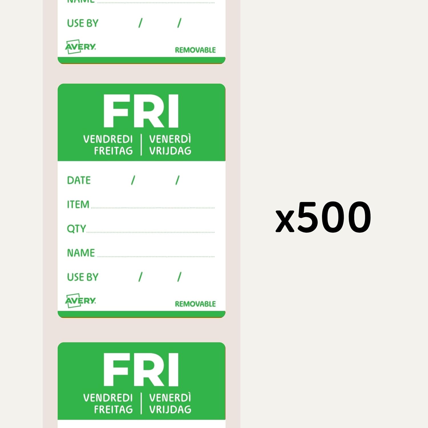 Avery Removable, Hand Writable, Detailed Food Day Labels, Strong Adhesive, 40 x 56 mm, Friday, Green, 500 Labels, Preprinted Design (DLDFRIREV-500)