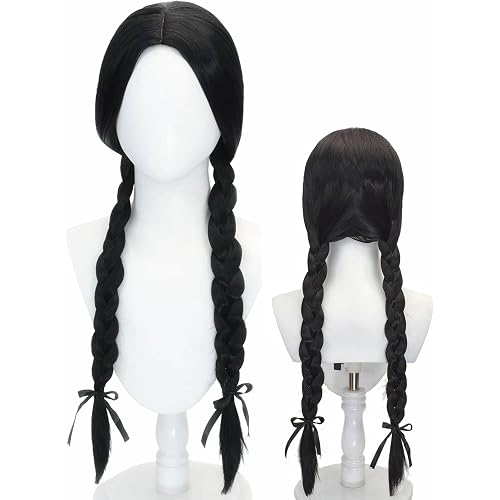 Half and Half Long Black Braided Costume Wig Black Pigtails Wig 27.5'' Synthetic Hair + Net Cap for Women Halloween Daily