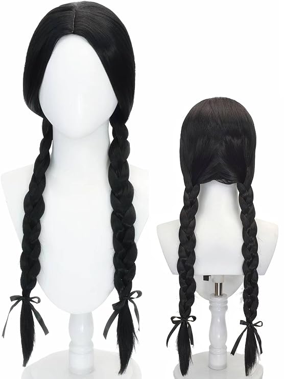 Half and Half Long Black Braided Costume Wig Black Pigtails Wig 27.5'' Synthetic Hair + Net Cap for Women Halloween Daily