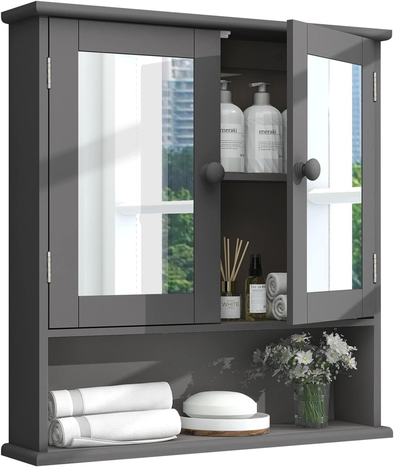 TaoHFE Grey Medicine Cabinet with Mirror, 2 Doors & 3 Open Shelves - Wall Mounted Wooden Storage Cabinet for Bathroom, Laundry or Kitchen
