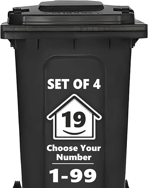4 x Bin Numbers for Wheelie Bins, 1-99, 15cm ‘Happy House’ Design Dustbin Stickers, Easy Application Stick On Number Stickers - Weatherproof Self Adhesive Vinyl, Black (19) - 1