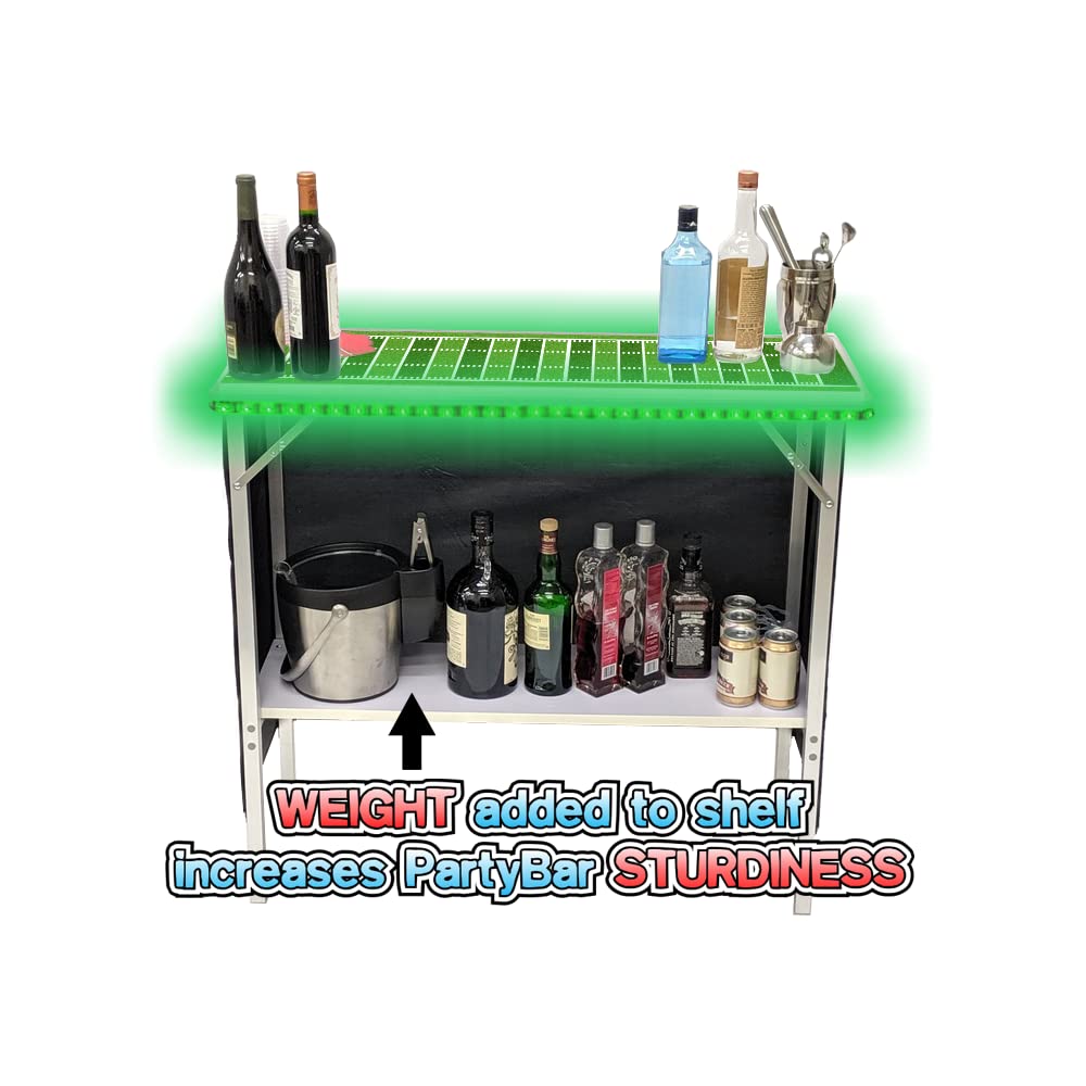 Folding Portable Party Bar w/Patented Multi-Color LED Lights, Football Field Graphic, Black Skirt, and Storage Shelf
