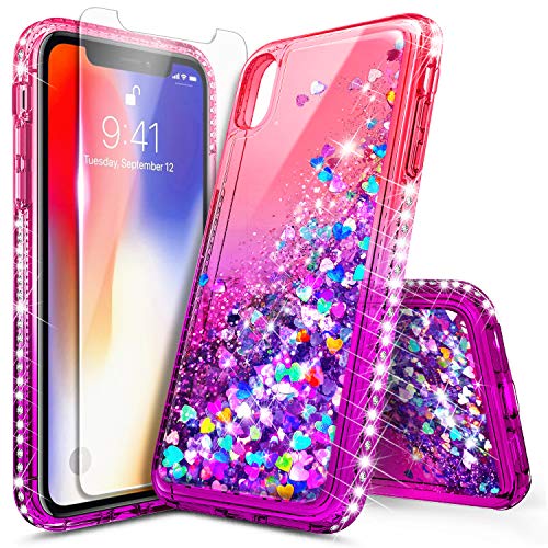 iPhone Xs Case, iPhone X Glitter Case with Tempered Glass Screen Protector for Girls Women, NageBee Bling Floating Liquid Waterfall Sparkle Durable Cute Case for iPhone X/XS 5.8 Inch -Pink/Purple