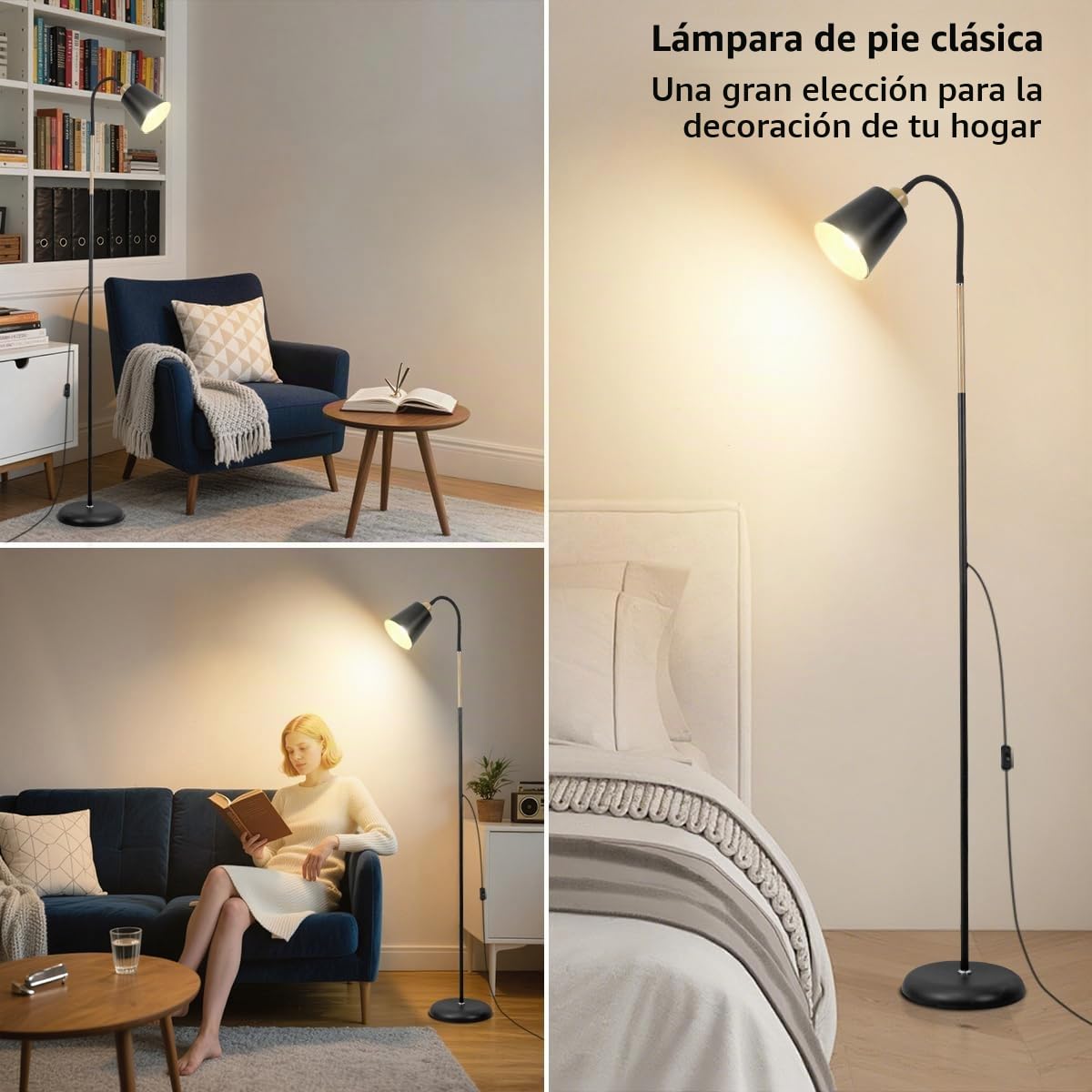 ANTENLICHT VILI | Lámpara de pie para salón y dormitorio, E27, orientable 360°, máx. 60 W, para lectura en sofá o dormitorio, lámpara de pie de metal negro de 159 cm (sin bombilla)