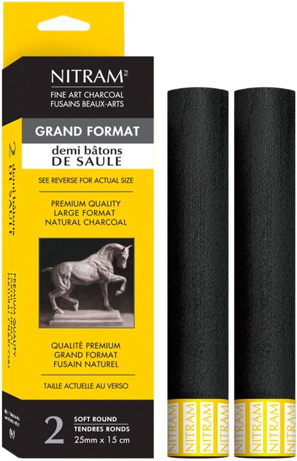 Nitram : Demi Bâton de Saule Round Stick Charcoal : Extra Soft : 25mm : Pack of 2