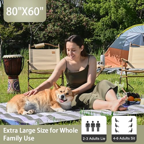 HX&OD Outdoor Picnic Blanket Extra Large, 80\'\'*60\'\' Waterproof Picnic Mat with Stakes Foldable Camping Blanket Portable with Carry Strap for Beach Mat (Green& White, 80\'\'*60\'\')