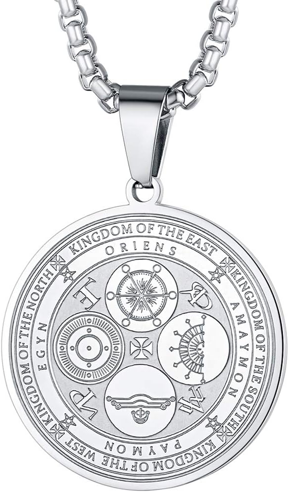 FaithHeart Four Archangels Sigil Talisman Necklace, Stainelss Steel the Sigil of MICHAEL/GABRIEL/RAPHAEL/URIEL Amulet Medal Pendant Jewelry for Women Men, Personalized Custom-Silver