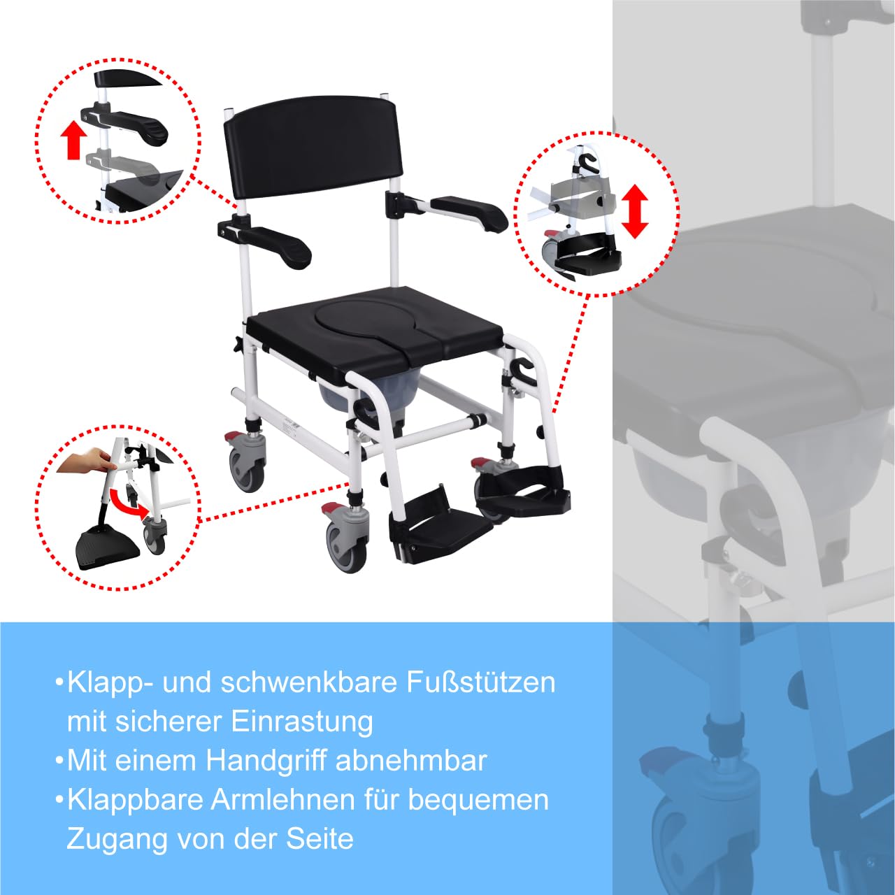 Akriva fahrbarer Toilettenstuhl mit verstellbarer Sitzhöhe aus Aluminium mit gepolsterter Sitzfläche und Eimer - Toilettenrollstuhl - Zimmerrollstuhl - WC-Rollstuhl
