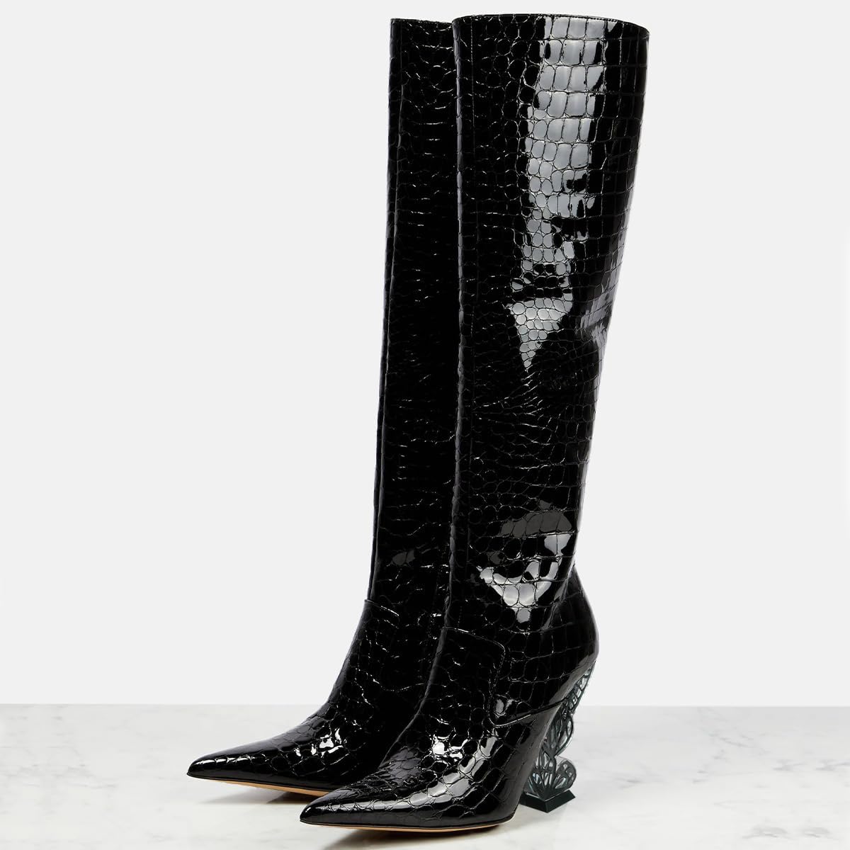 XYD Women Knee High Boot with Unique Butterfly Heels Chic Pointed Closed Toe Side Zip Dress Evening Booties Shoes