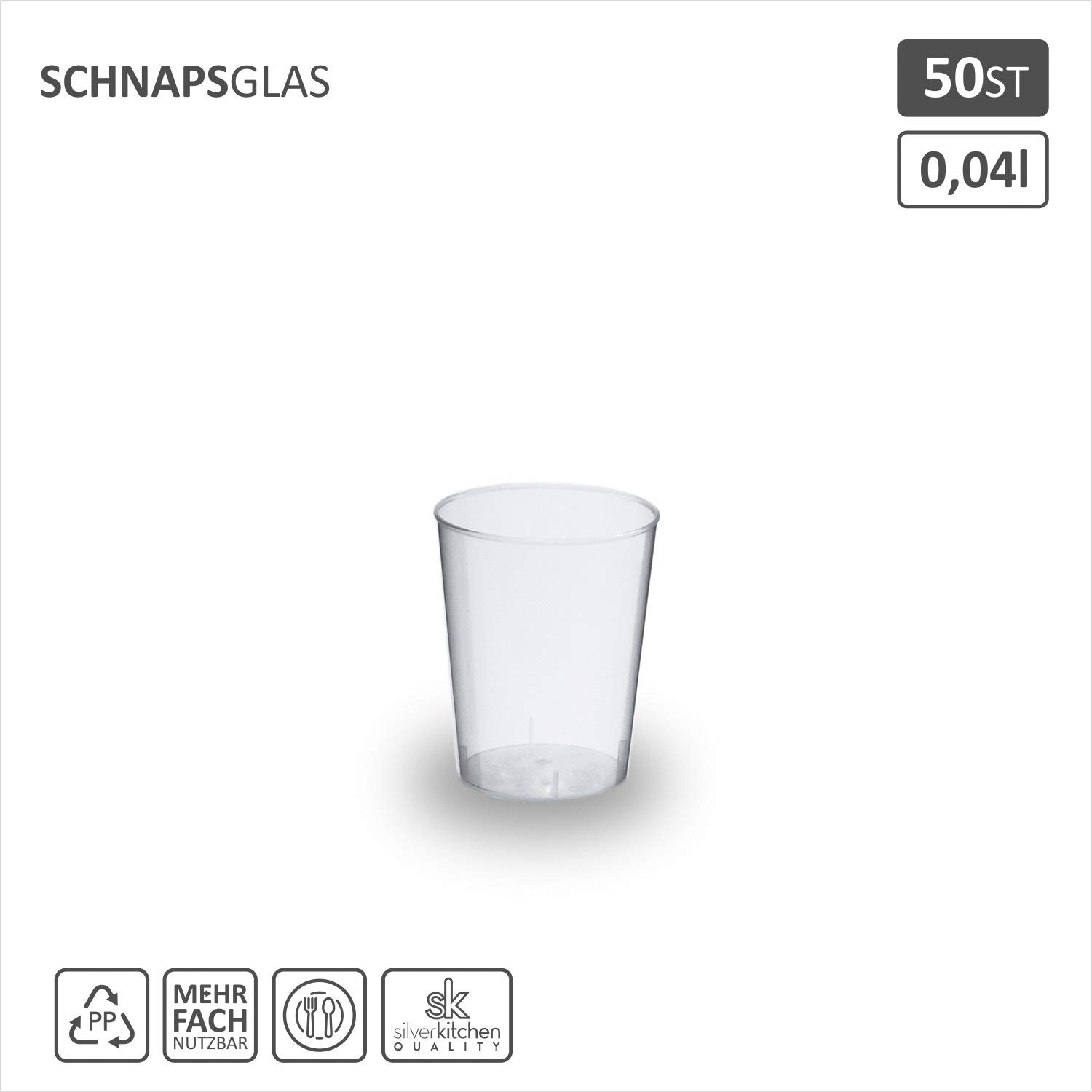 50 x kieliszek do wódki 2 cl / 4 cl z podziałką - nietłukący kubek wielokrotnego użytku do wódki z twardego plastiku PP Made in Germany silverkitchen