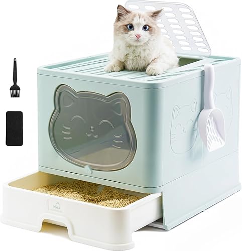 Fully Enclosed Cat Litter Box with Lid, Foldable Extra Large Cat Toilet, Drawer Type Litter Tray with Plastic Scoop, Suitable for Cats Under