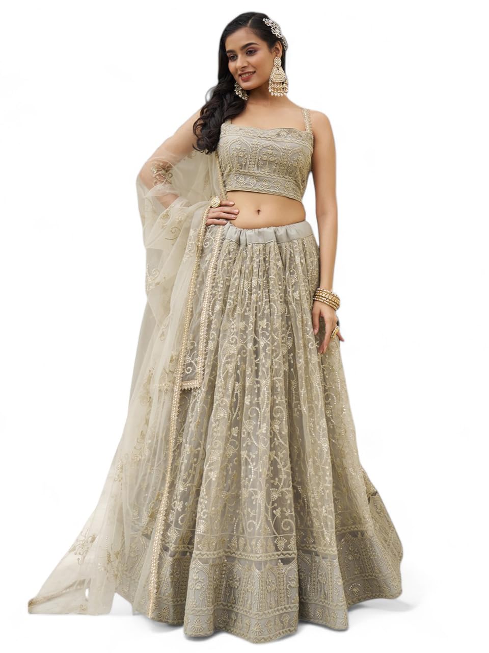 Women's Thread Sequins Work Embroidery Net Gorgeous Lehenga Choli with Dupatta (2133-Ivory-Wedding-Women-Lehenga-Choli-Latest; Free Size)-image-13