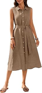 Women's 100% Linen Midi Dress Button Down Shirt Dresses with Pocket 2026 Summer Collared Sleeveless Split Belt Dress