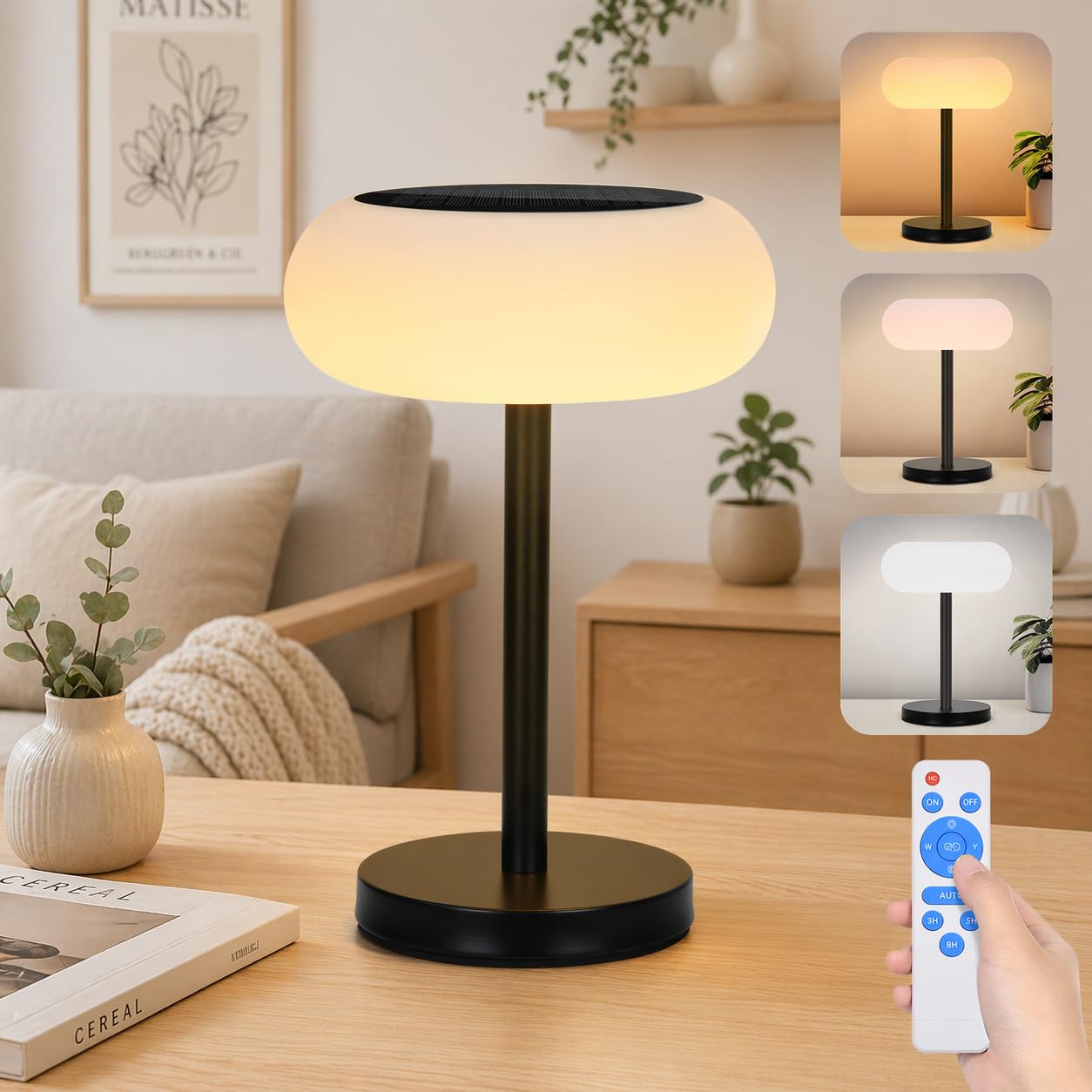 Rosnek Lampe de Table Solaire LED Sans Fil, Batterie 4000mAh, 3 Modes de Couleur & Gradation Continue, Étanche IP65 avec Télécommande, Recharge USB-C & Énergie Solaire pour Intérieur et extérieur