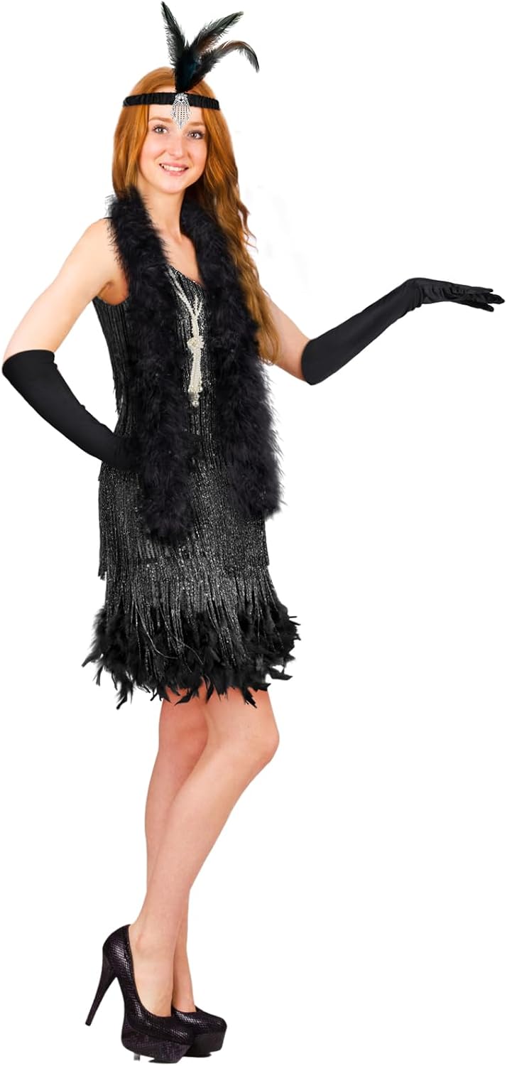 7 Pcs 1920s Flapper Accessories for Women Feather Boa V Neck Dress Earrings Headwear Gloves Necklace - Image 5