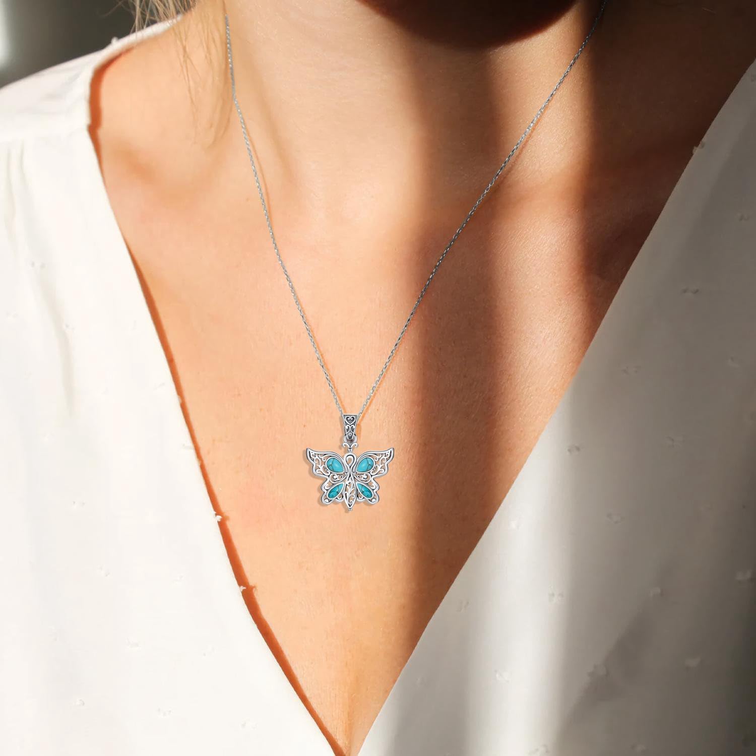 Genuine Turquoise Butterfly Pendant Necklace, Sterling Silver Boho Native Vintage Necklace Western Jewelry Birthday Gift for Women - Image 3
