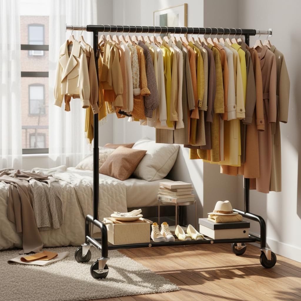 raybee 75" w heavy duty clothes rack load 450 lbs, metal garment storage with shelf, lockable wheels & anti-slip stoppers, rolling clothing rack for bedroom laundry room, black black rod shelf