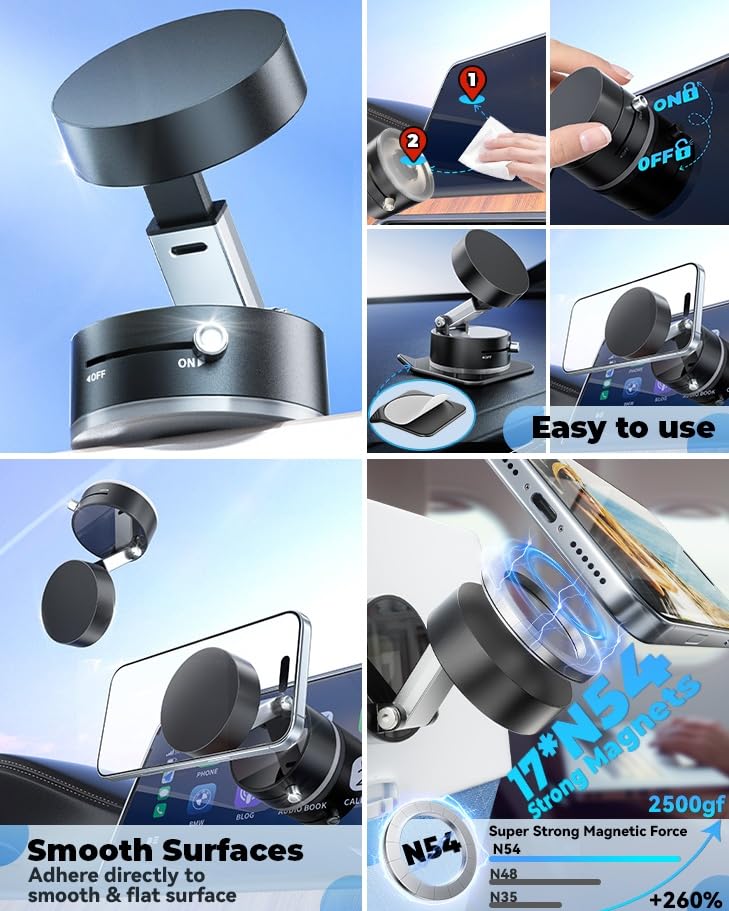 Image of RIGGEAR Magnetic Car Phone Holder for Dashboard, Glass with 360 Rotatable Suction Base Mobile Mount Stand Compatible with MagSafe iPhones /All Android Phones for Kitchen,Gym,Mirror,Office Desk