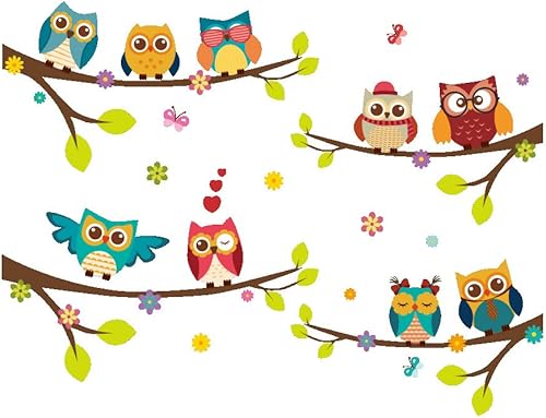 Miniatura 1 de Calcomanías de pared extraíbles de dibujos animados de 9 búhos familiares en ramas de árbol, mural despegar y pegar, decoración del hogar para tus