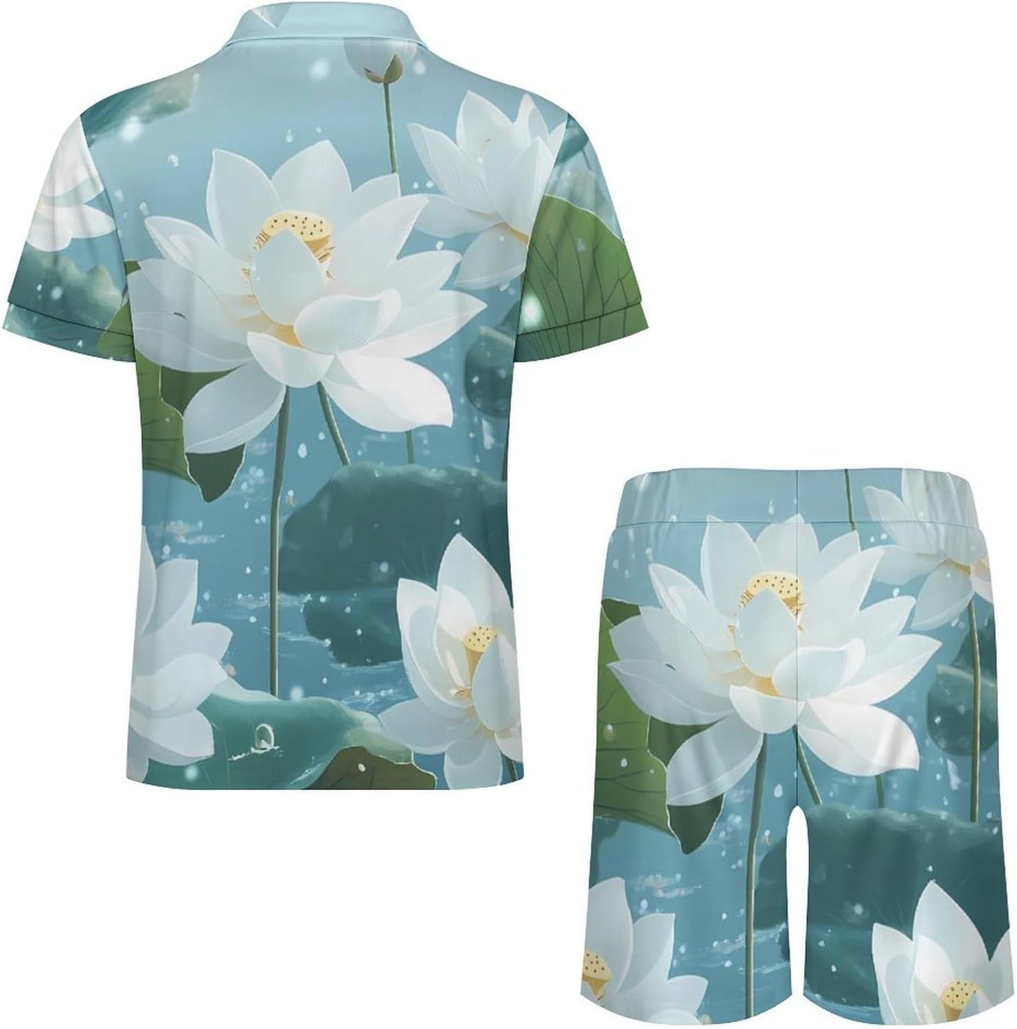 White Lotuses Flowers Mens Polo Shirts Track Suits 2 Piece Short Sleeve Sweatsuit 1/4 Zip Golf Loungewear for Sports