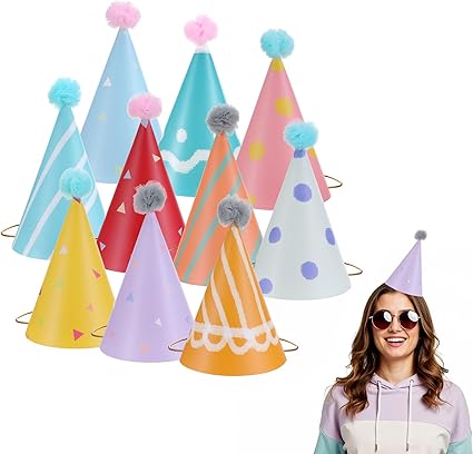 10 PCS Birthday Party Hats for Kids Adults, Colorful Cone Hat Decorations with Pom Poms for Toddler Girls Boys Baby Shower, Fun Party, Photo Props, Memorable Celebrations